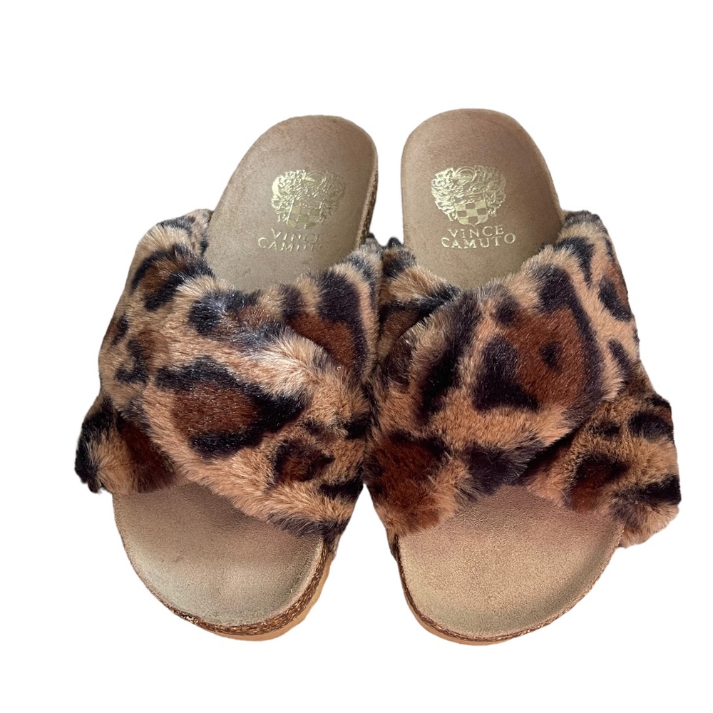 VINCE CAMUTO MAYBERLA LEOPARD FAUX FUR CRISSCROSS SLIDES - NIB